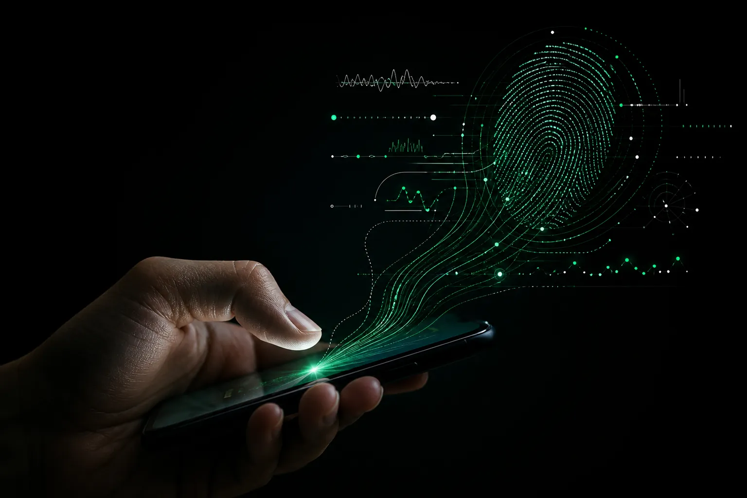 A hand using a phone while timing and interaction signals form a behavioral fingerprint.