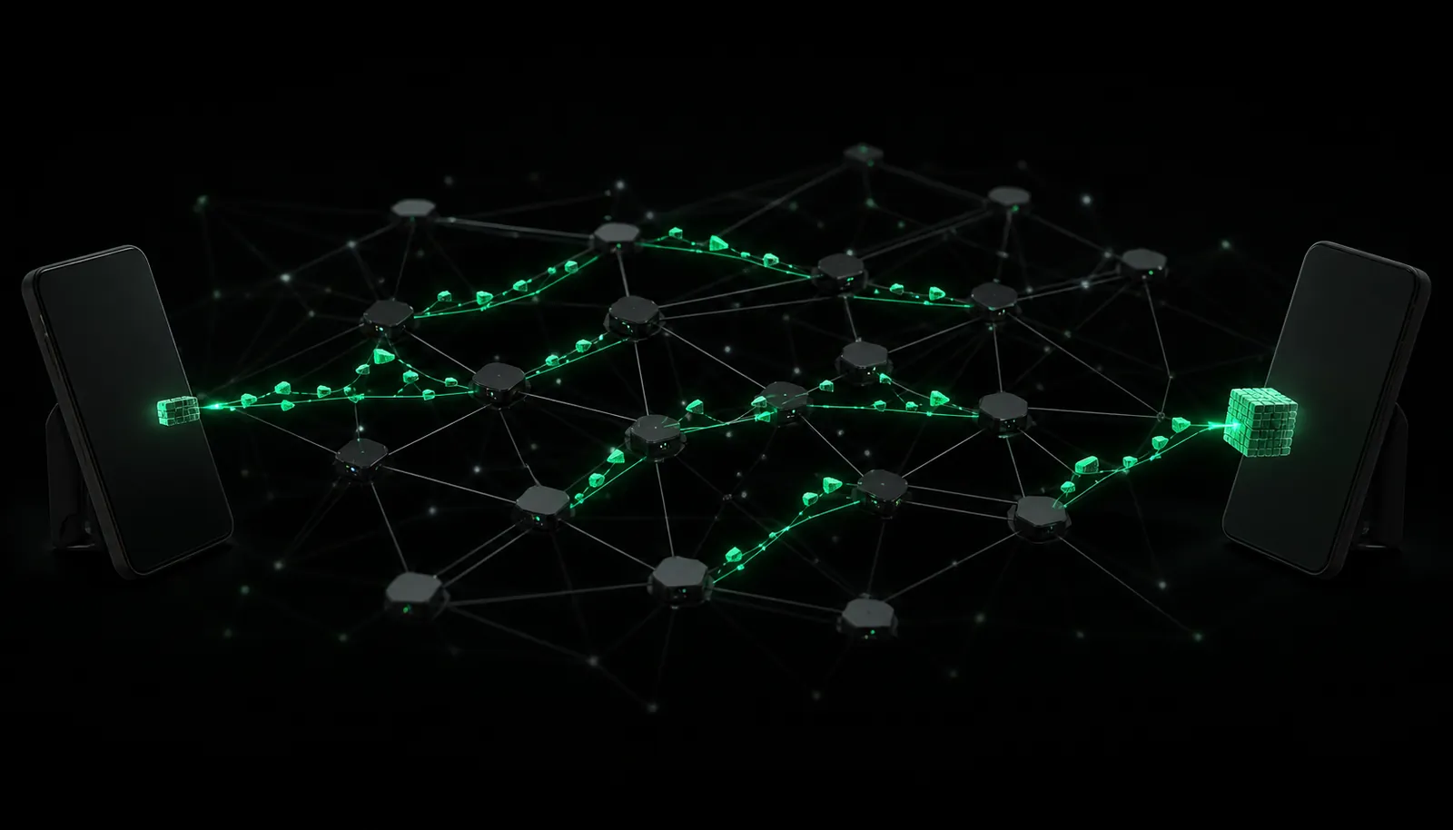 A distributed encrypted route moving through independent network nodes.